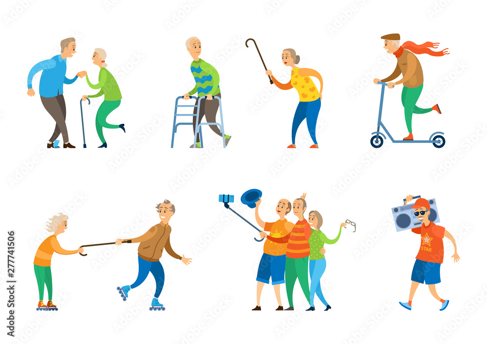 Man and woman pensioners vector, old people dancing at disco lady chasing man with wooden stick, person riding scooter, aged character taking selfie, funny grandmother and grandfather Man and woman pensioners vector, old people dancing at disco lady chasing man with wooden stick, person riding scooter, aged character taking selfie, funny grandmother and grandfather