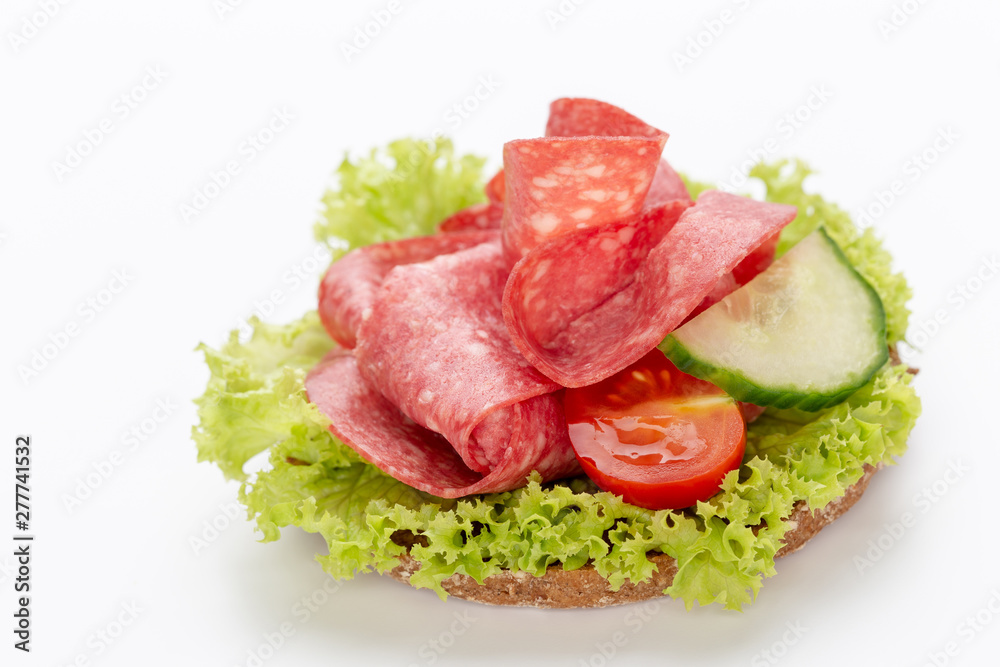 Sandwich with salami sausage on white background. Sandwich with salami sausage on white background.