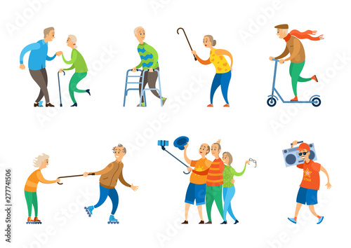 Man and woman pensioners vector  old people dancing at disco lady chasing man with wooden stick  person riding scooter  aged character taking selfie  funny grandmother and grandfather