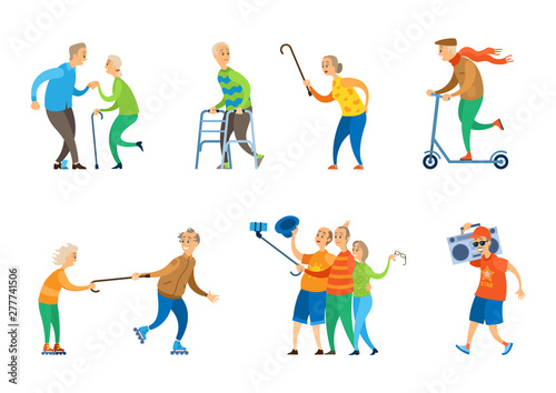 Man and woman pensioners vector, old people dancing at disco lady chasing man with wooden stick, person riding scooter, aged character taking selfie, funny grandmother and grandfather