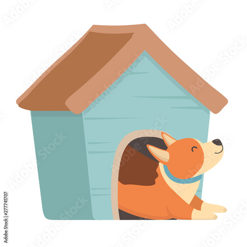 Dog cartoon inside wood house design