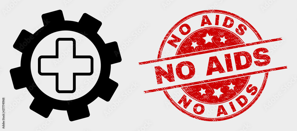 Vector medical settings pictogram and No AIDS seal stamp. Red rounded scratched seal stamp with No AIDS text. Vector combination for medical settings in flat style. Vector medical settings pictogram and No AIDS seal stamp. Red rounded scratched seal stamp with No AIDS text. Vector combination for medical settings in flat style.
