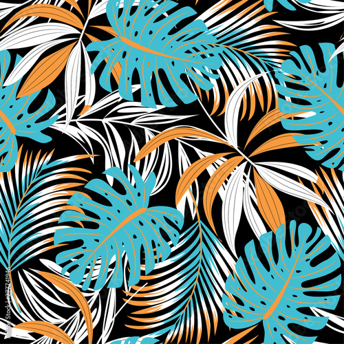 Bright trend seamless pattern with colorful tropical leaves and plants on a dark background. Vector design. Jungle print. Floral background. Printing and textiles. Exotic tropics. Fresh design.
