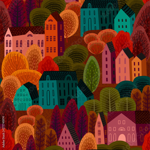 Vector seamless pattern with autumn city. Background for various surface.