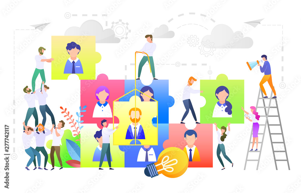 Business teamwork. People working together vector, isolated workers standing on ladder helping each other and building community of professionals, team leaders with puzzles. Team building concept