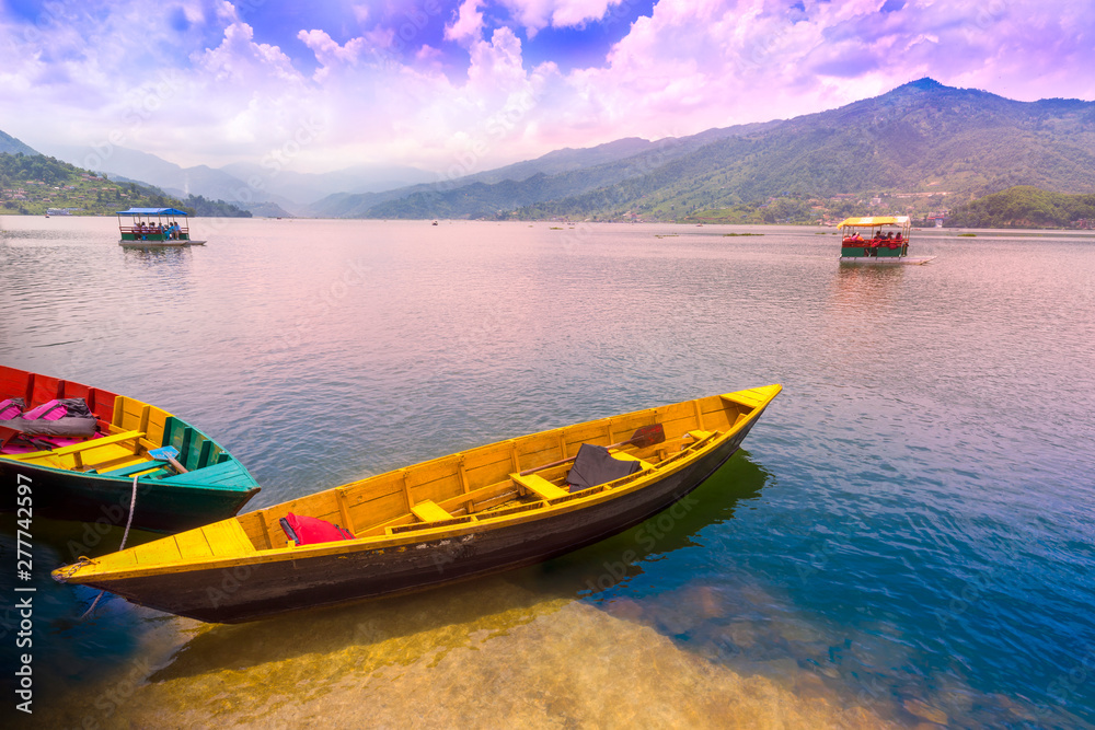 Colorful boats Bharai temple Boat bay in Phewa Lake.