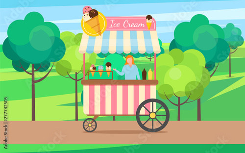 Ice cream shop vector, woman selling cold dessert in carriage. Greenery and nature of park, sunny weather, person with product different types meal