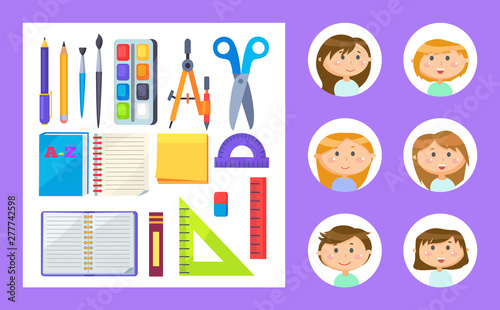 Students classmates vector, schoolboy and schoolgirl with school supplies ready for lessons. Scissors and textbooks, notebook and ruler, brushes and pencils