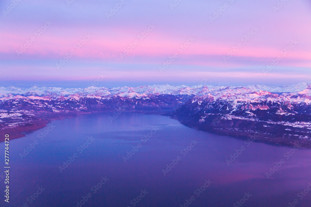Aerial photography of Lake Geneva and Swiss Alps, Switzerland