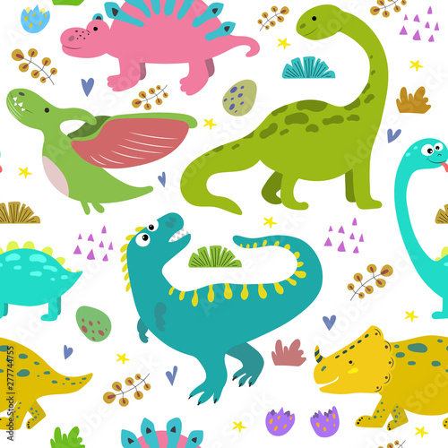 Hand drawn seamless pattern with dinosaurs. Great design for kids apparel, nursery decoration, fabric, textile. Cute and colorful dino design vector illustration.