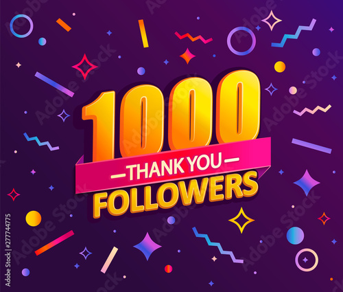 Thank you 1000 followers,thanks banner.First 1K follower congratulation card with geometric figures,lines,squares,circles for Social Networks.Web blogger celebrate a large number of subscribers.Vector