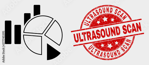 Vector statistics charts icon and Ultrasound Scan stamp. Red round scratched stamp with Ultrasound Scan text. Vector combination for statistics charts in flat style.