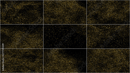 Set of Gold Glitter Texture Isolated on Black. Amber Particles Color. Celebratory Background. Golden Explosion of Confetti. Widescreen 16 : 9. Vector Illustration, EPS 10.  