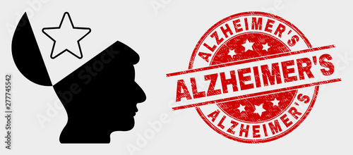Vector open mind star pictogram and Alzheimer'S seal stamp. Red rounded grunge seal with Alzheimer'S caption. Vector composition for open mind star in flat style.