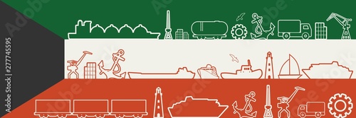 Freight vessels and other sea port symbols. Maritime transportation concept. Thin line icons. Flag of the Kuwait