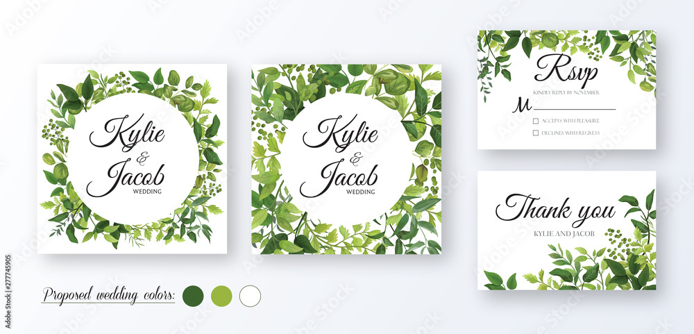 Wedding Invitation, thank you, rsvp card. Floral design with green watercolor fern leaves, foliage greenery decorative frame print. Vector elegant cute rustic greeting, invite, postcard 