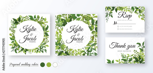 Wedding Invitation, thank you, rsvp card. Floral design with green watercolor fern leaves, foliage greenery decorative frame print. Vector elegant cute rustic greeting, invite, postcard 