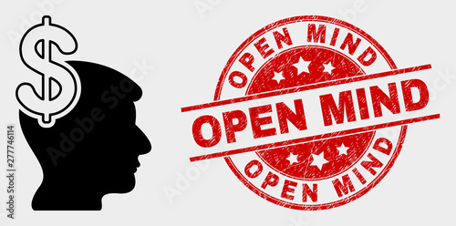 Vector business thinking icon and Open Mind seal. Red rounded distress seal with Open Mind text. Vector combination for business thinking in flat style. Black isolated business thinking icon.
