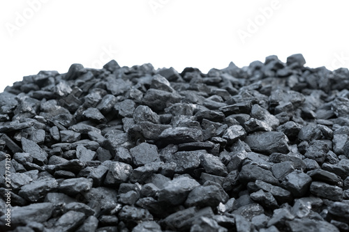 The texture of coal on a white background. Mining of coal. Hardened wood. Natural black coals for background, coal industry.  © marina_larina