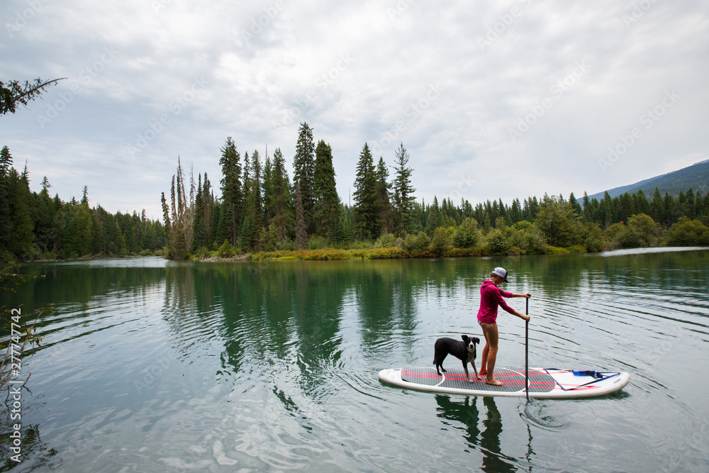 Woman with her dog paddleboarding in Priest Lake Woman with her dog paddleboarding in Priest Lake