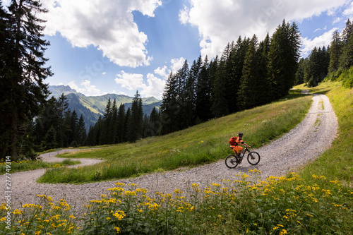 Walmendingerhorn, Kleinwalsertal, Austria: A male mountain biker riding up a path towards the Malmendingerhorn on his 650b enduro bike in the midday sun.