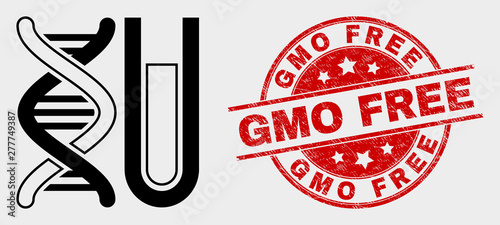 Vector DNA testtube pictogram and GMO Free seal stamp. Red rounded scratched stamp with GMO Free caption. Vector composition for DNA testtube in flat style. Black isolated DNA testtube pictogram.