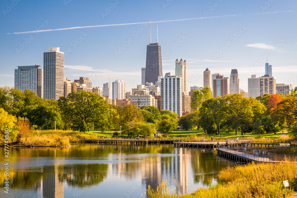 Obraz premium Chicago, Illinois, USA panoramę centrum miasta i park wczesną jesienią.