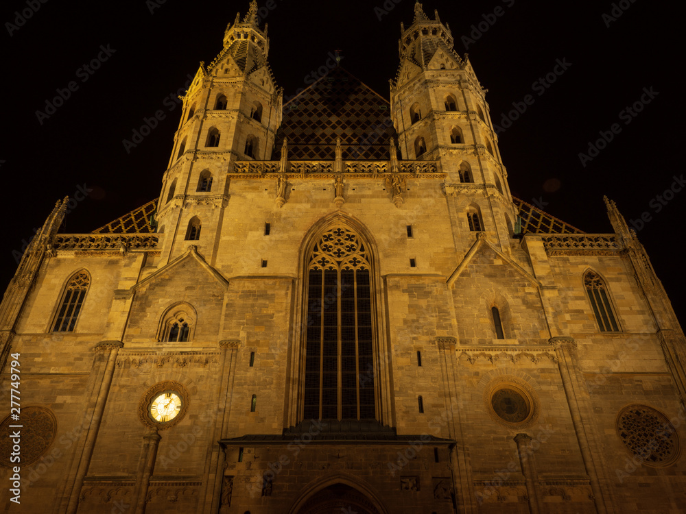 A view of St. Stephen's Cathedral at night in Vienna, Austria.