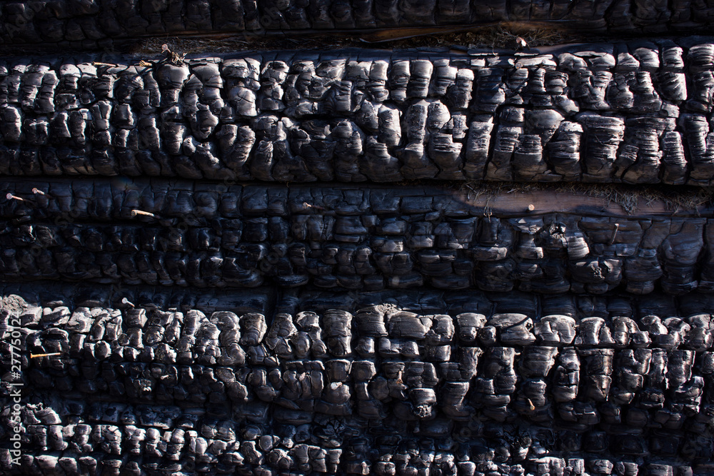 Natural fire ashes with dark grey black coals texture. It is a flammable black hard rock. copyspace