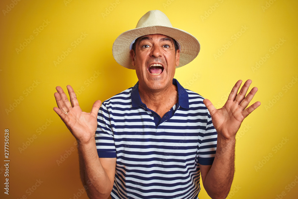Handsome middle age man wearing striped polo and hat over isolated yellow background crazy and mad shouting and yelling with aggressive expression and arms raised. Frustration concept.