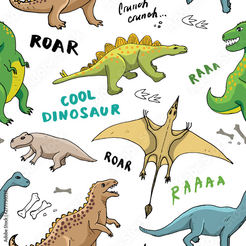 Dino Seamless Pattern  Cute Cartoon Hand Drawn Dinosaurs Doodles Vector Illustration