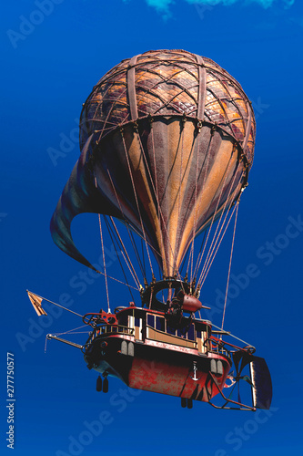 hot air balloon flying in a no cloudy day down below view