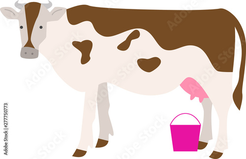 Cute and funny farm cow with pink bucket ready