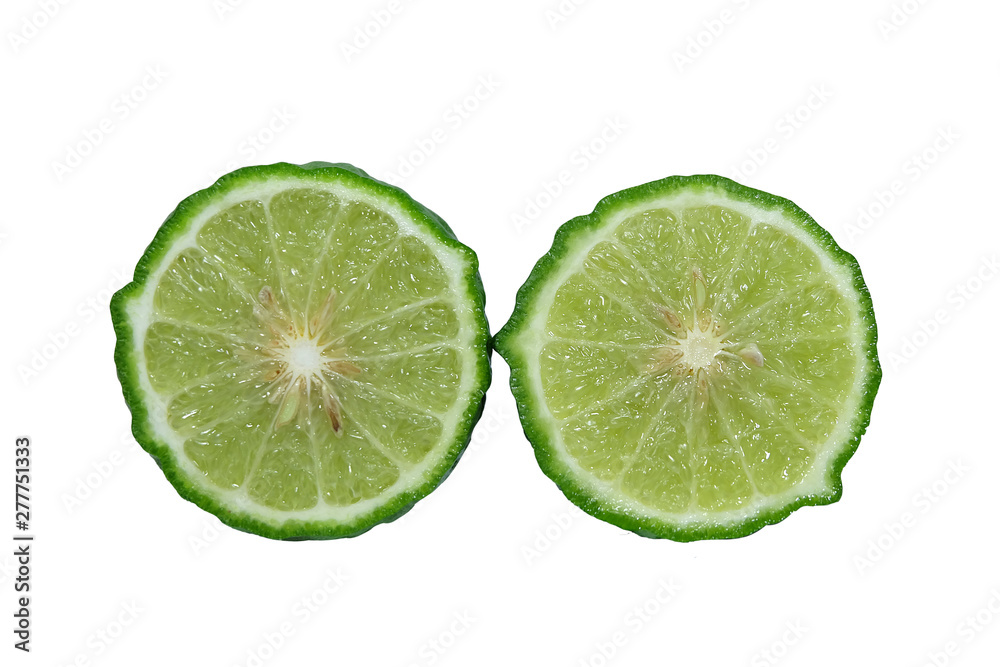 sliced half kaffir isolated on white background. Bergamot on white background. sliced half kaffir isolated on white background. Bergamot on white background.