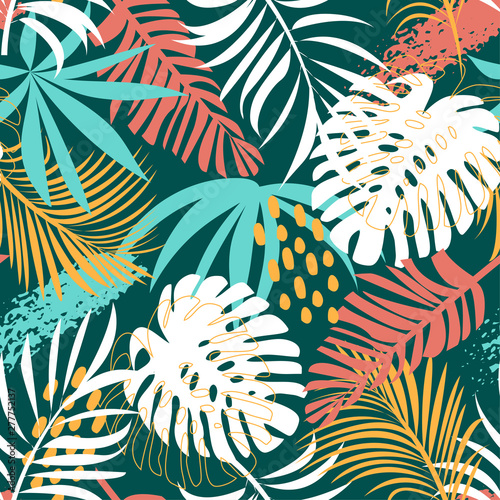 Abstract seamless pattern with colorful tropical leaves and plants on green background. Vector design. Jungle print. Floral background. Printing and textiles. Exotic tropics. Fresh design.