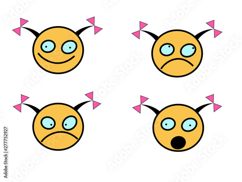 Set of smile emoticons of stupid girl face, flat disighn. Happy, unhappy, surprised and angry smileys. Emoji set.