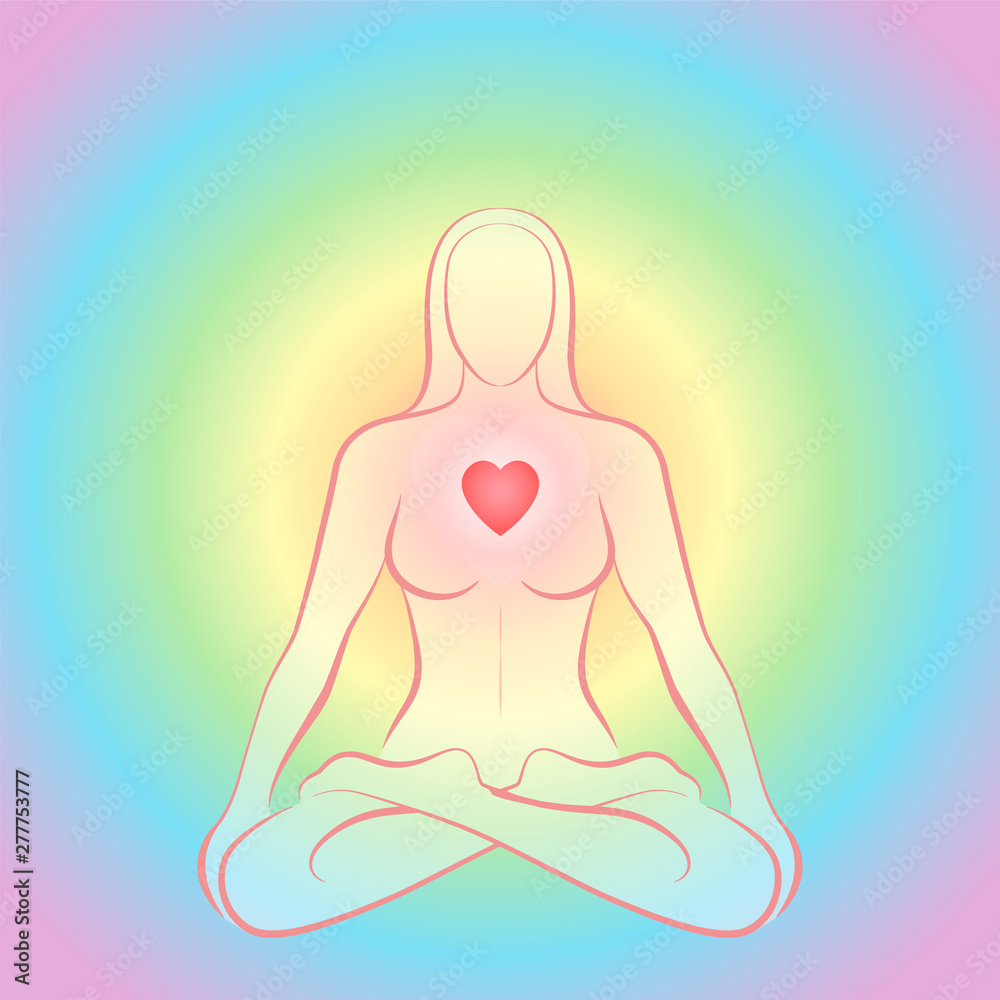 Meditating zen woman in lotus position with glowing red heart chakra on rainbow colored circular background.
