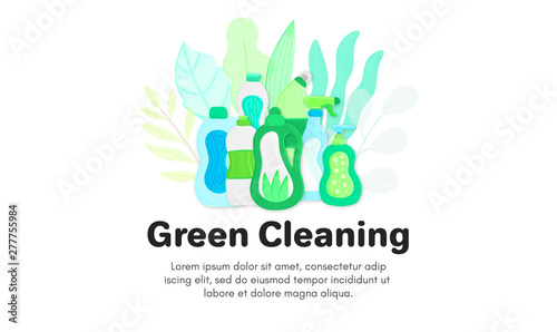 Vector background with eco friendly household cleaning supplies. Natural detergents. Landing page template. Products for house washing. Green home. Online store. Banner, mailing, advertising, label