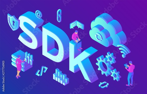 SDK. Software development kit programming language technology concept. Technology process of Software development. Isometric vector Illustration with icons and characters.