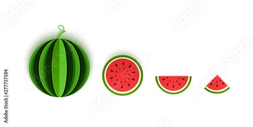 The paper cut watermelon berry is sliced with whole, triangular and round. Summer, sweet green melon juicy food. Vector card 3d illustration. Tropical papercraft layers fruit