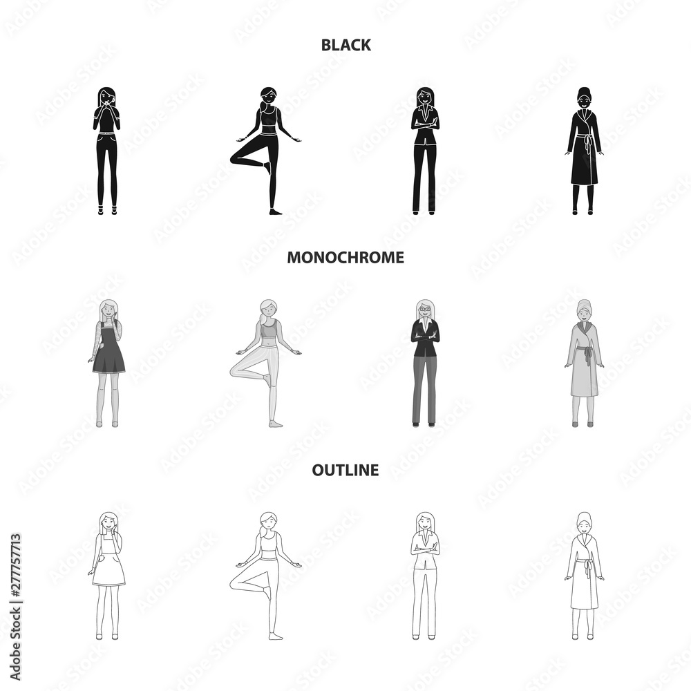 Vector design of posture and mood symbol. Set of posture and female stock vector illustration.