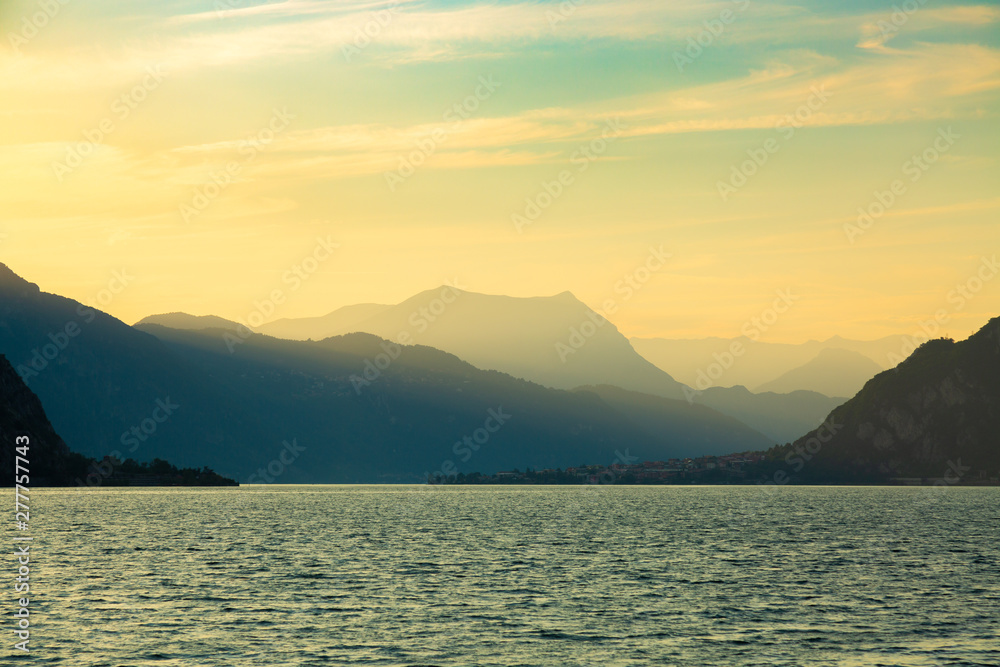 Idyllic sunset over Lake Como next to Lecco city, Lombardy, Italy
