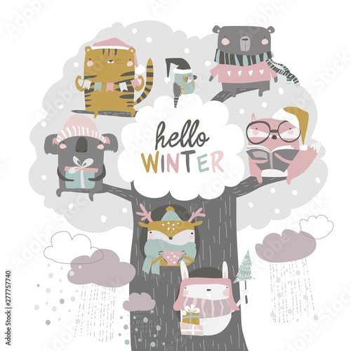 Wallpaper Mural Cute animals sit on winter tree on white background Torontodigital.ca