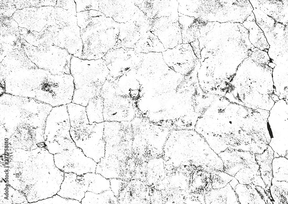 Distress old cracked concrete texture, vector illustration. Black and white grunge background. Stone, asphalt, plaster, marble.