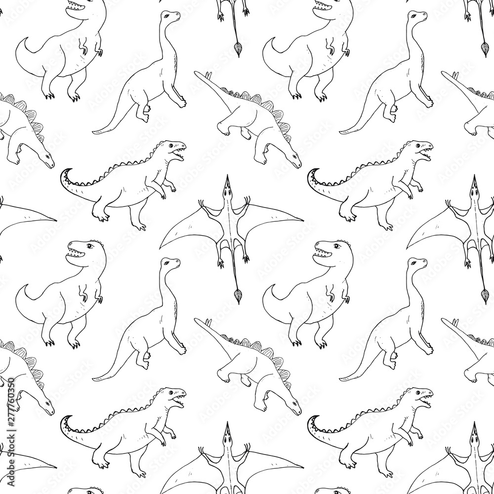 Dino Seamless Pattern, Cute Cartoon Hand Drawn Dinosaurs Doodles Vector Illustration Dino Seamless Pattern, Cute Cartoon Hand Drawn Dinosaurs Doodles Vector Illustration