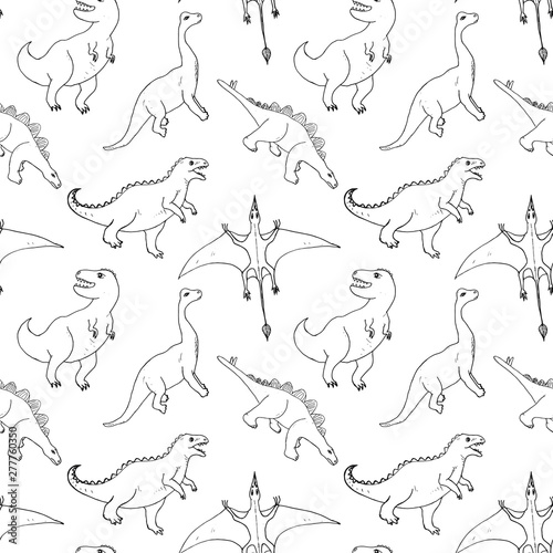 Dino Seamless Pattern, Cute Cartoon Hand Drawn Dinosaurs Doodles Vector Illustration