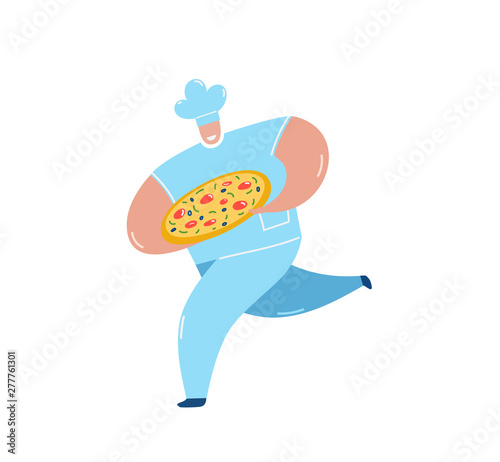 Chef carrying pizza running flat vector illustration