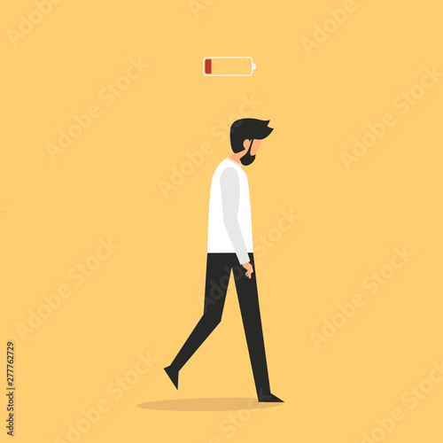 Professional vector flat images of black man with battery low icon. Modern urban life. Conceptual illustration. Yellow background.