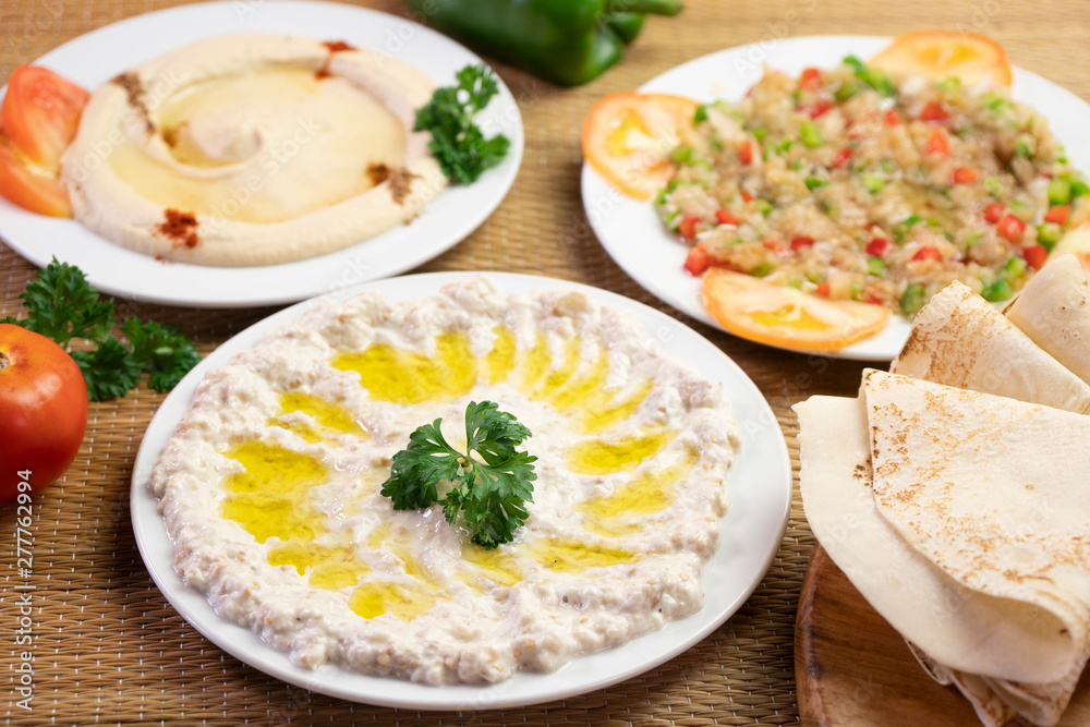 Arabic appetisers mutabbal Hummos Baba ghanoush Arabic appetisers mutabbal Hummos Baba ghanoush