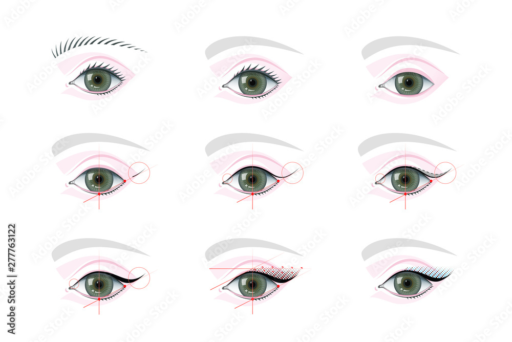 Eye makeup and permanent tattoo tutorial illustrations set